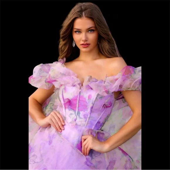 Amelia Couture Off Shoulder Lilac Floral Print Formal Gown NWT Size 2 - Picture 2 of 7